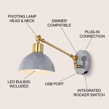 Lisa 18" Swing Arm Modern Midcentury Iron USB Charging Port LED Sconce